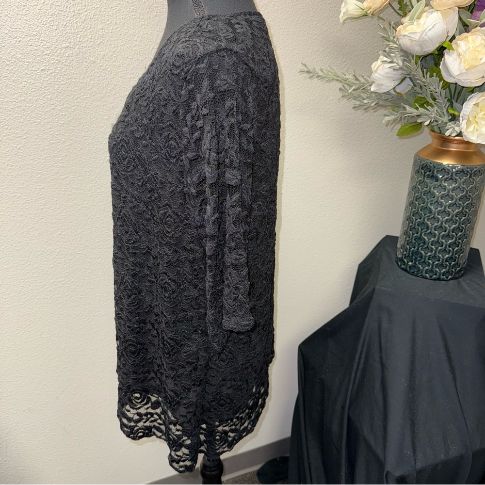 BonWorth Black Lace Floral Top L Sheer Romantic Elegant Evening Blouse - Picture 2 of 7